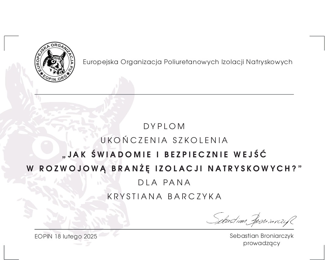 Dyplom ukończenia szkolenia z izolacji natryskowych dla Krystiana Barczyka, wydany przez Europejską Organizację Poliuretanowych Izolacji Natryskowych.