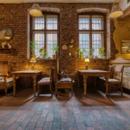 Rustykalne wnętrze restauracji z ceglanymi ścianami, drewnianymi stołami i krzesłami, oświetlone lampami stołowymi i wiszącymi. Klimatyczny wystrój z obrazami i roślinami.