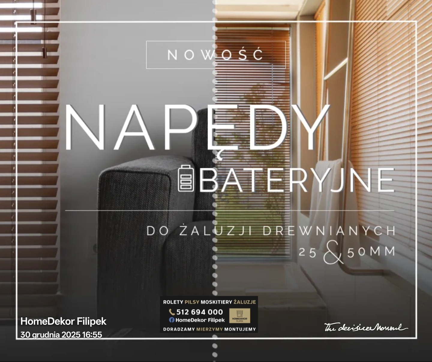 Reklama napędów bateryjnych do żaluzji drewnianych 25 i 50 mm. Widoczne drewniane żaluzje w oknie i fragment szarej sofy. Nowość od HomeDekor Filipek.