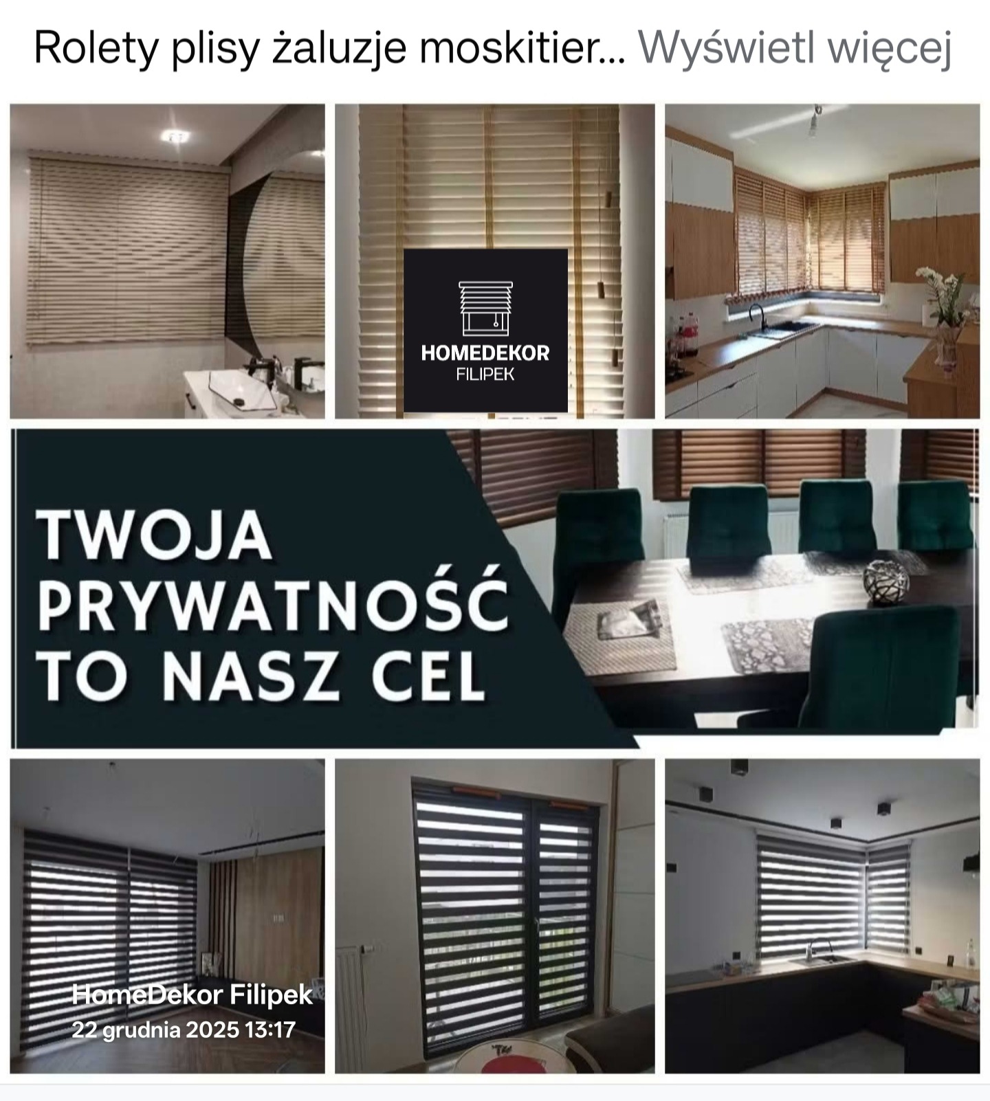 Kompozycja zdjęć prezentująca różnorodne aranżacje okien z żaluzjami drewnianymi i roletami dzień noc w różnych pomieszczeniach, od łazienki po kuchnię.