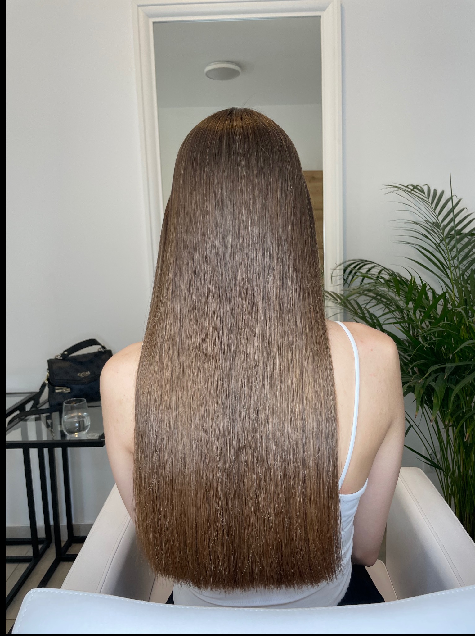 Długie, proste, brązowe włosy po zabiegu wygładzania, widoczne od tyłu, na tle jasnego wnętrza salonu z rośliną doniczkową i torebką na stoliku.