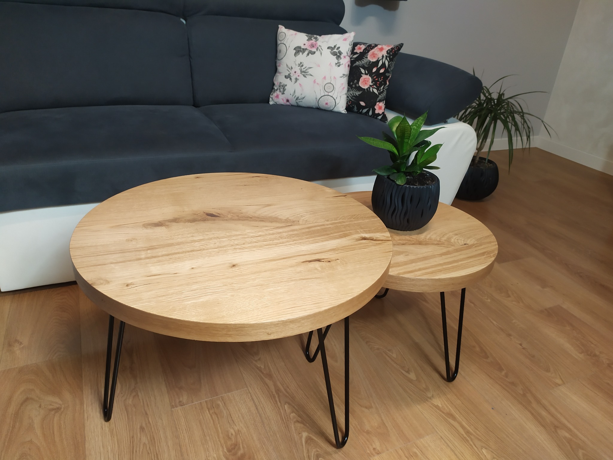 Dwa okrągłe stoliki kawowe z drewnianymi blatami i czarnymi nóżkami na tle szarej sofy z poduszkami i roślinami doniczkowymi. Blaty z widocznym usłojeniem.