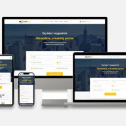 Responsywna strona TaxiCar na laptopie, tablecie i smartfonie. Ekrany prezentują formularz zamówienia taksówki. Nowoczesny design z panoramą miasta w tle.