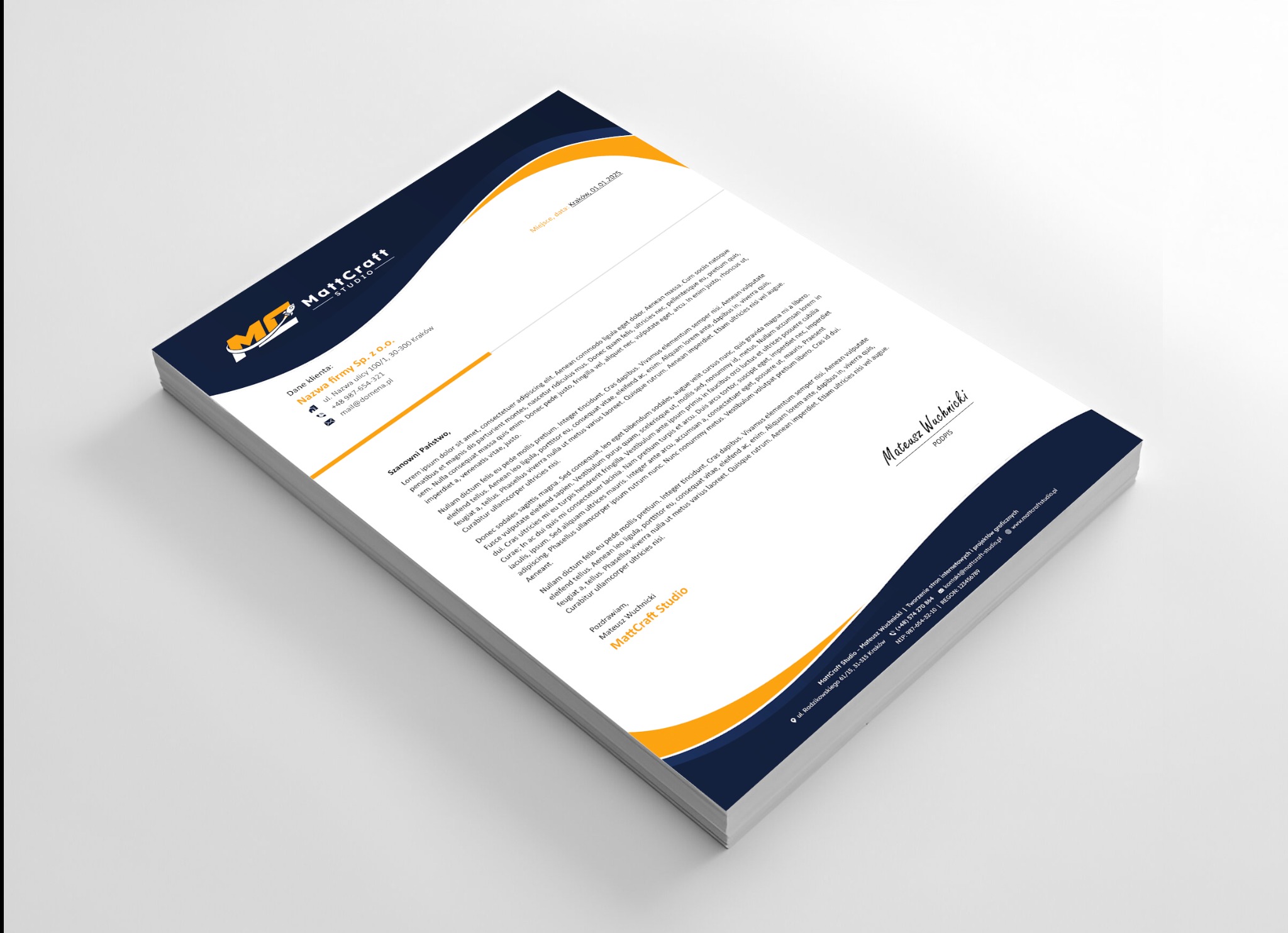 Prezentacja projektu graficznego papieru firmowego - MattCraft Studio