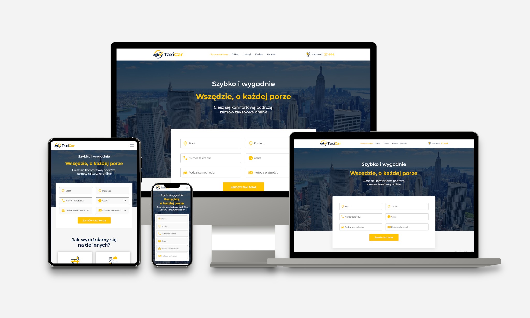 Responsywna strona TaxiCar na laptopie, tablecie i smartfonie. Ekrany prezentują formularz zamówienia taksówki. Nowoczesny design z panoramą miasta w tle.