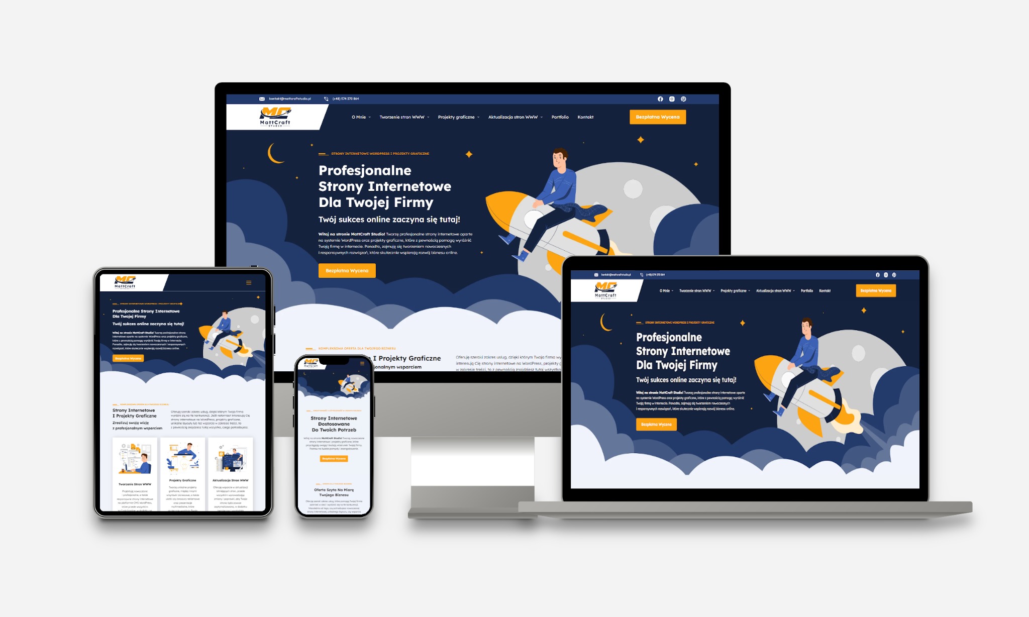 Prezentacja zrealizowanej rozbudowanej strony WWW na różnych urządzeniach - MattCraft Studio