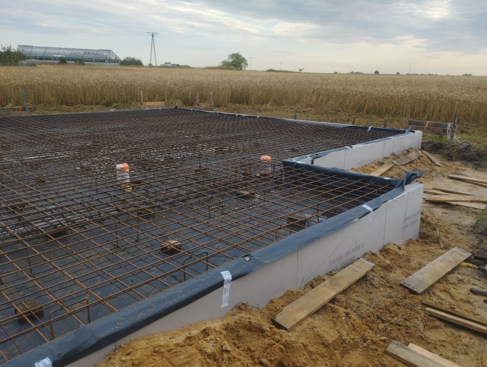 Zbrojenie fundamentów pod budowę domu jednorodzinnego, widok na siatkę zbrojeniową i szalunki, w tle pole i konstrukcja stalowa.