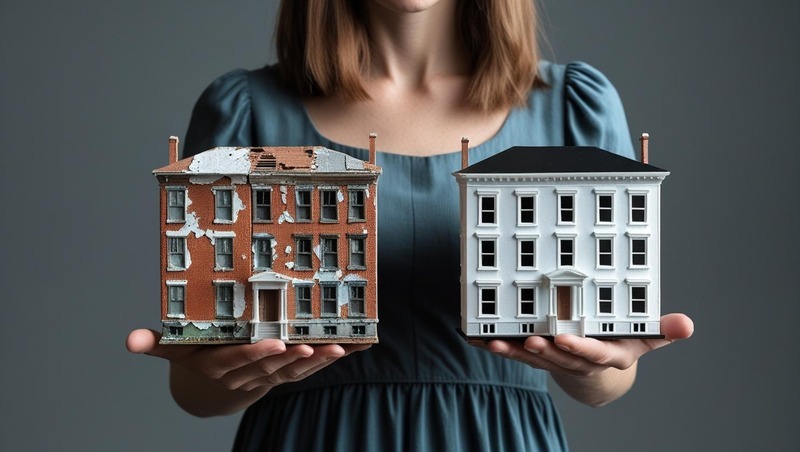 Kobieta prezentuje modele budynków: zniszczony, ceglany i odnowiony, biały. Ukazuje kontrast przed i po renowacji. Szary neutralny background.