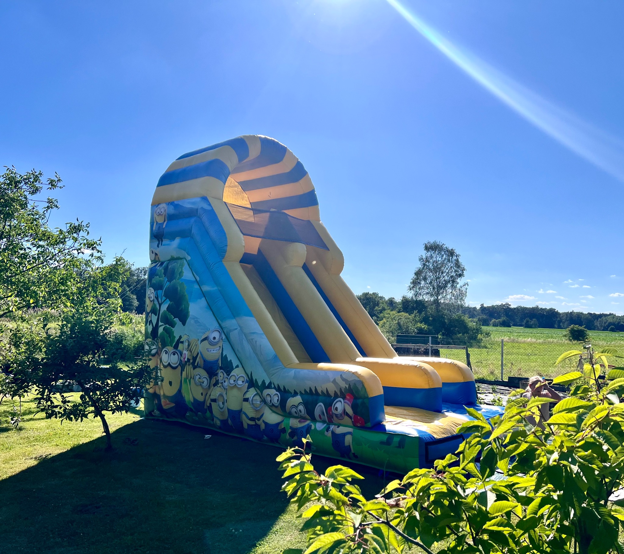 Kolorowa dmuchana zjeżdżalnia z motywem Minionków na trawniku w słoneczny dzień. Zjeżdżalnia z żółto-niebieskimi pasami i grafiką z postaciami z bajek.