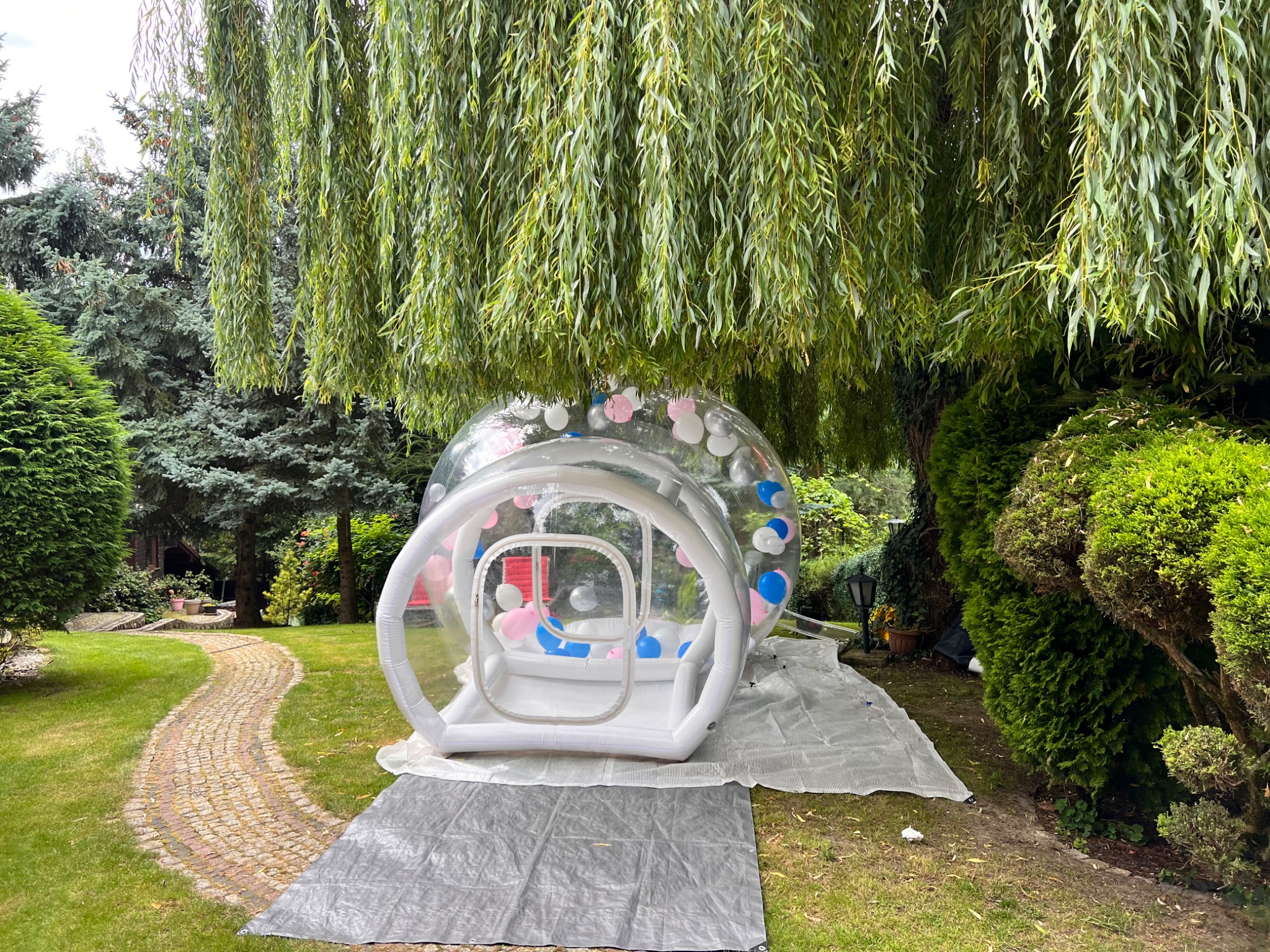Przezroczysty dmuchany namiot z kolorowymi balonami w ogrodzie, umieszczony pod rozłożystym drzewem, na szarej macie ochronnej. Widok z przodu, w tle zielona trawa i ścieżka.