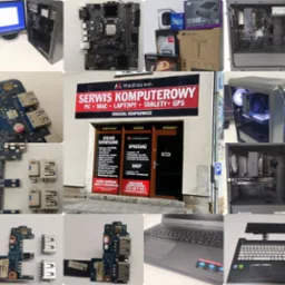 Kompleksowy widok usług serwisu komputerowego: laptopy, płyty główne, zasilacze, obudowy PC, porty USB, sprzęt i szyld z nazwą firmy Mediacom.