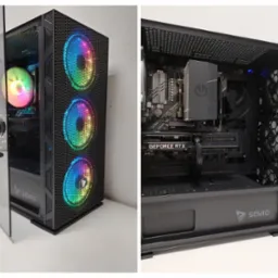 Dwa ujęcia komputera stacjonarnego: z widocznymi wentylatorami RGB i wnętrzem z kartą graficzną GeForce RTX, chłodzeniem procesora i płytą główną. Obudowa marki Savio.