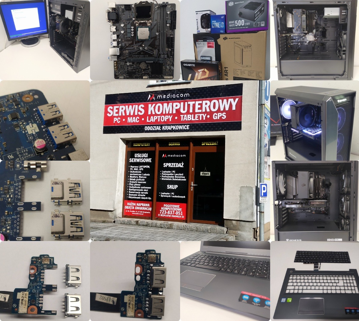 Kompleksowy widok usług serwisu komputerowego: laptopy, płyty główne, zasilacze, obudowy PC, porty USB, sprzęt i szyld z nazwą firmy Mediacom.