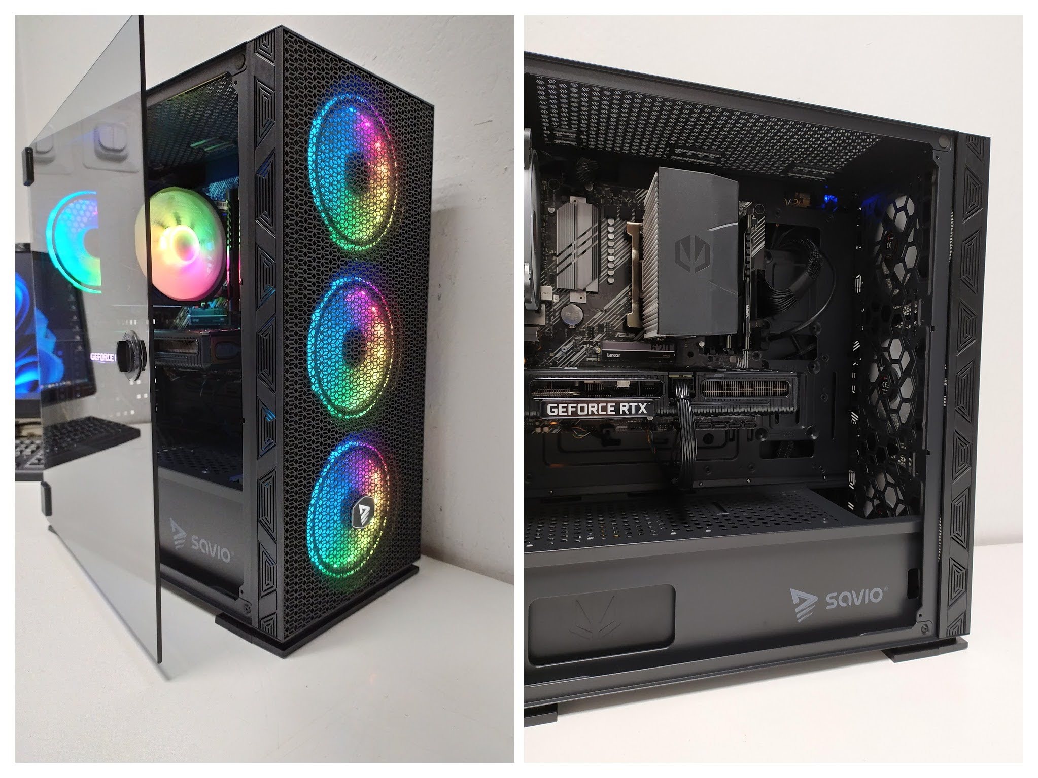 Dwa ujęcia komputera stacjonarnego: z widocznymi wentylatorami RGB i wnętrzem z kartą graficzną GeForce RTX, chłodzeniem procesora i płytą główną. Obudowa marki Savio.