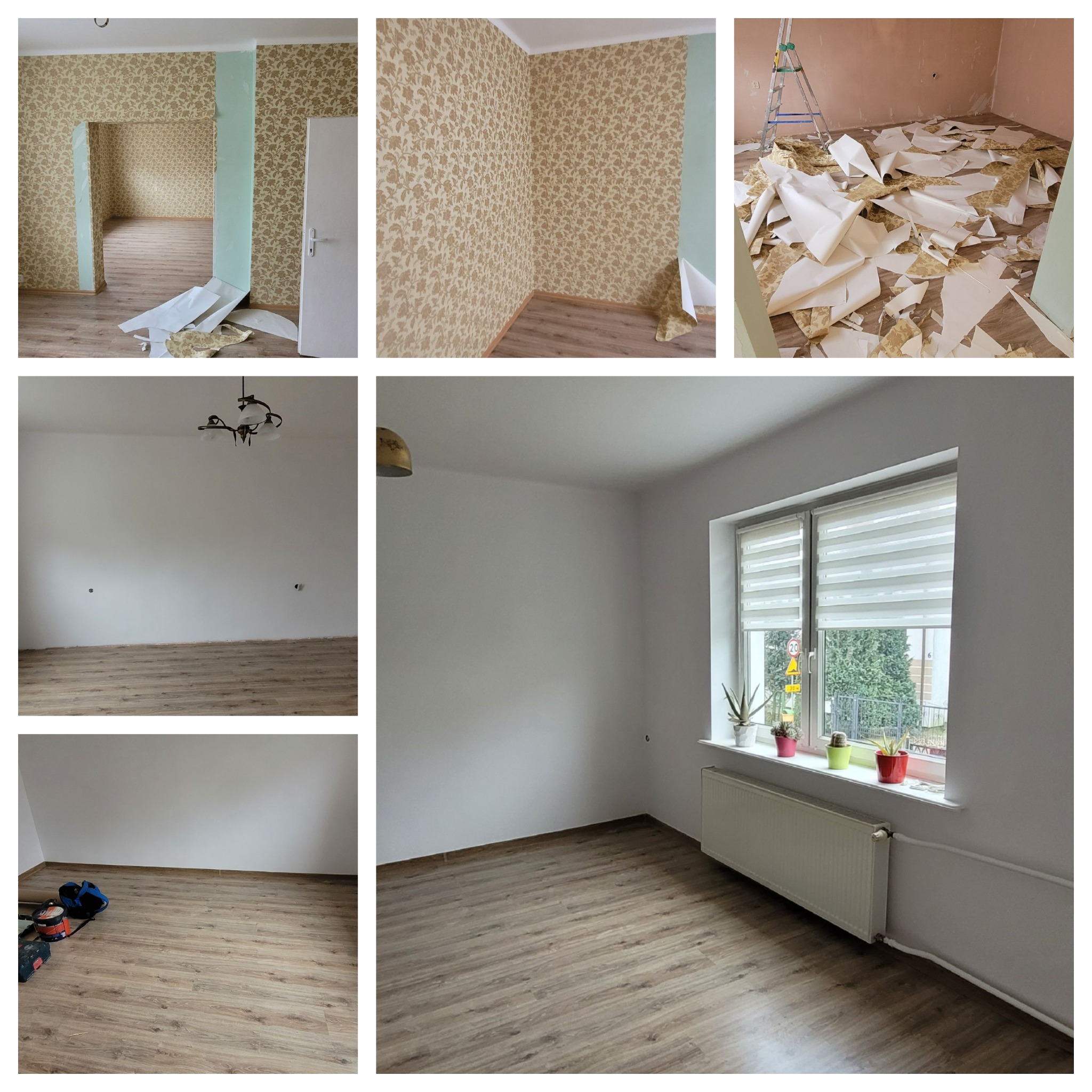 Układanka zdjęć: demontaż tapet, pokój po usunięciu tapet z białymi ścianami i panelami, okno z roletami i kwiatami. Widok przed i po remoncie.