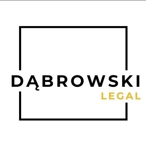 Logo firmy prawniczej Dąbrowski Legal w czarno-złotej kolorystyce, umieszczone w kwadratowej ramce. Minimalistyczny design na białym tle.