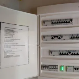 Otwarta skrzynka elektryczna ETI z opisem obwodów i widocznymi bezpiecznikami. Kilka zielonych diod sygnalizacyjnych. Biała obudowa na jasnej ścianie.