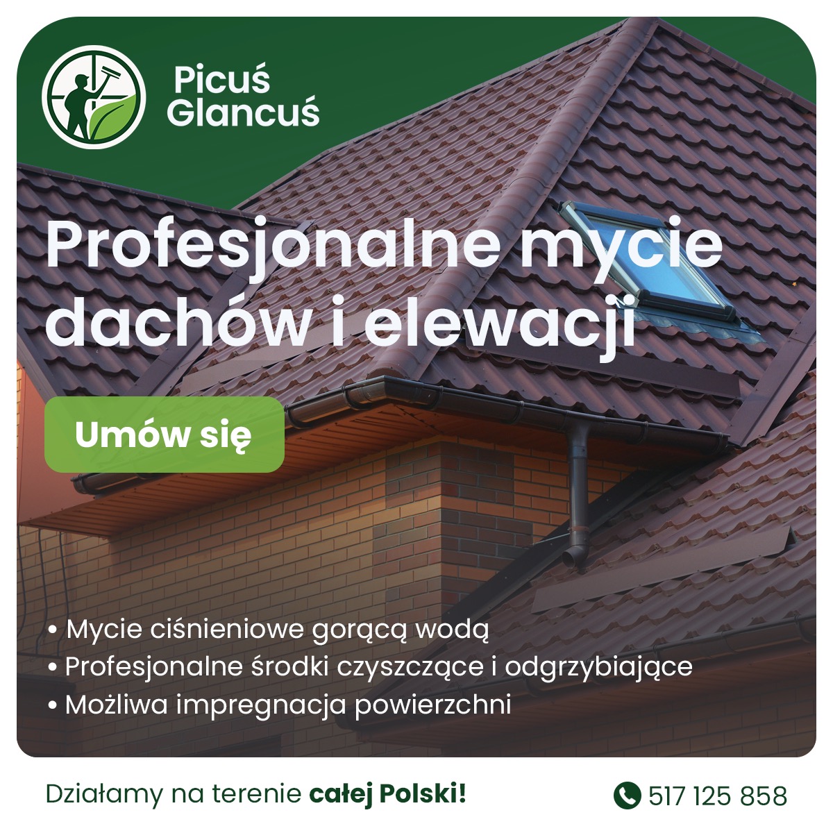 Profesjonalne mycie dachów i elewacji z użyciem gorącej wody. Widoczny fragment dachu z oknem i elewacji z cegły klinkierowej. Oferta firmy Picuś Glancuś.