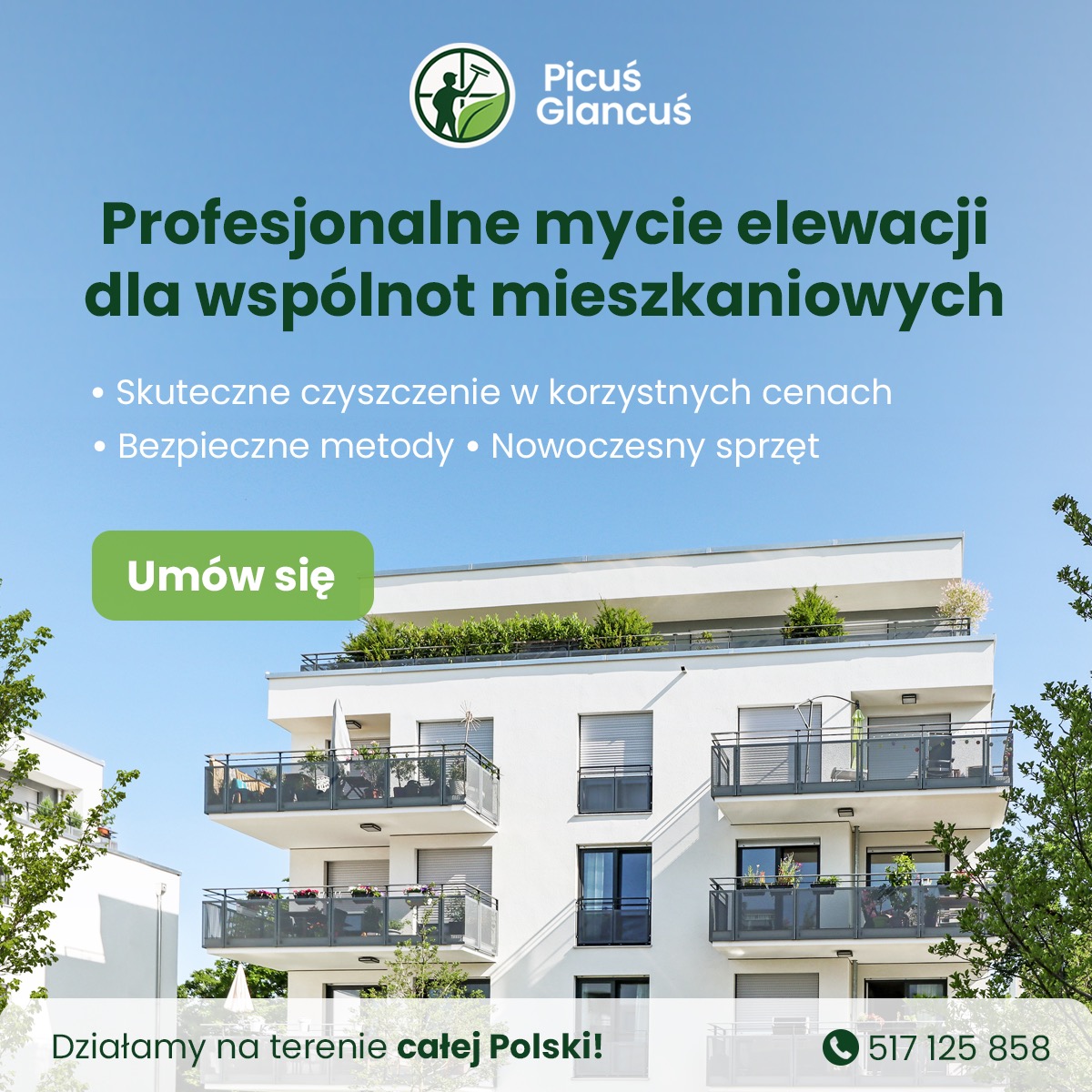 Biały budynek wielorodzinny z balkonami, prezentowany w ofercie profesjonalnego czyszczenia elewacji dla wspólnot mieszkaniowych. Widoczne logo firmy i dane kontaktowe.