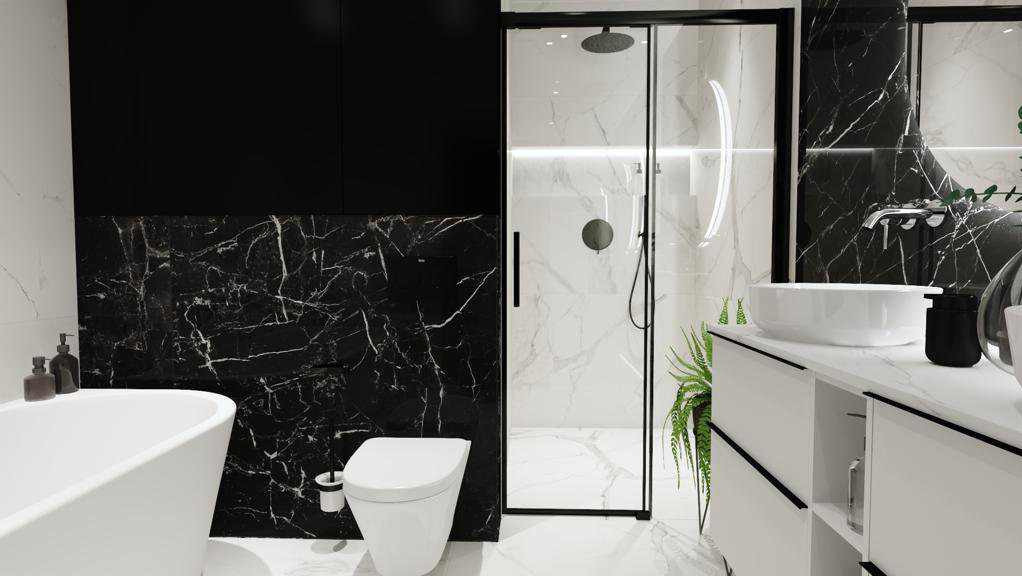 Elegancka łazienka w czarno-białej kolorystyce: kabina prysznicowa z czarnymi ramami, marmurowe płytki i biała armatura, tworzą nowoczesny i luksusowy wygląd.