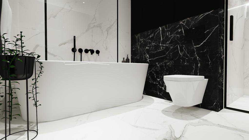 Nowoczesna łazienka w bieli i czerni: wolnostojąca wanna, podwieszana toaleta, marmurowe płytki i czarne akcenty. Minimalistyczny design z rośliną w czarnej donicy.