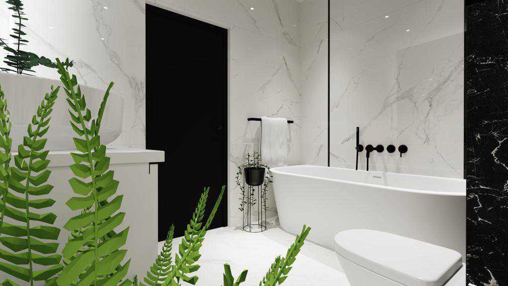 Nowoczesna łazienka z wanną, toaletą i czarnymi akcentami na tle białych marmurowych płytek. Rośliny w pomieszczeniu dodają świeżości.
