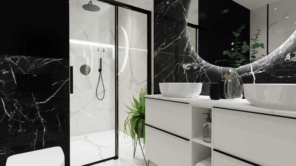 Elegancka łazienka z kabiną prysznicową i umywalkami nablatowymi, wykończona czarnym marmurem i białymi meblami. Nowoczesny design z roślinami.