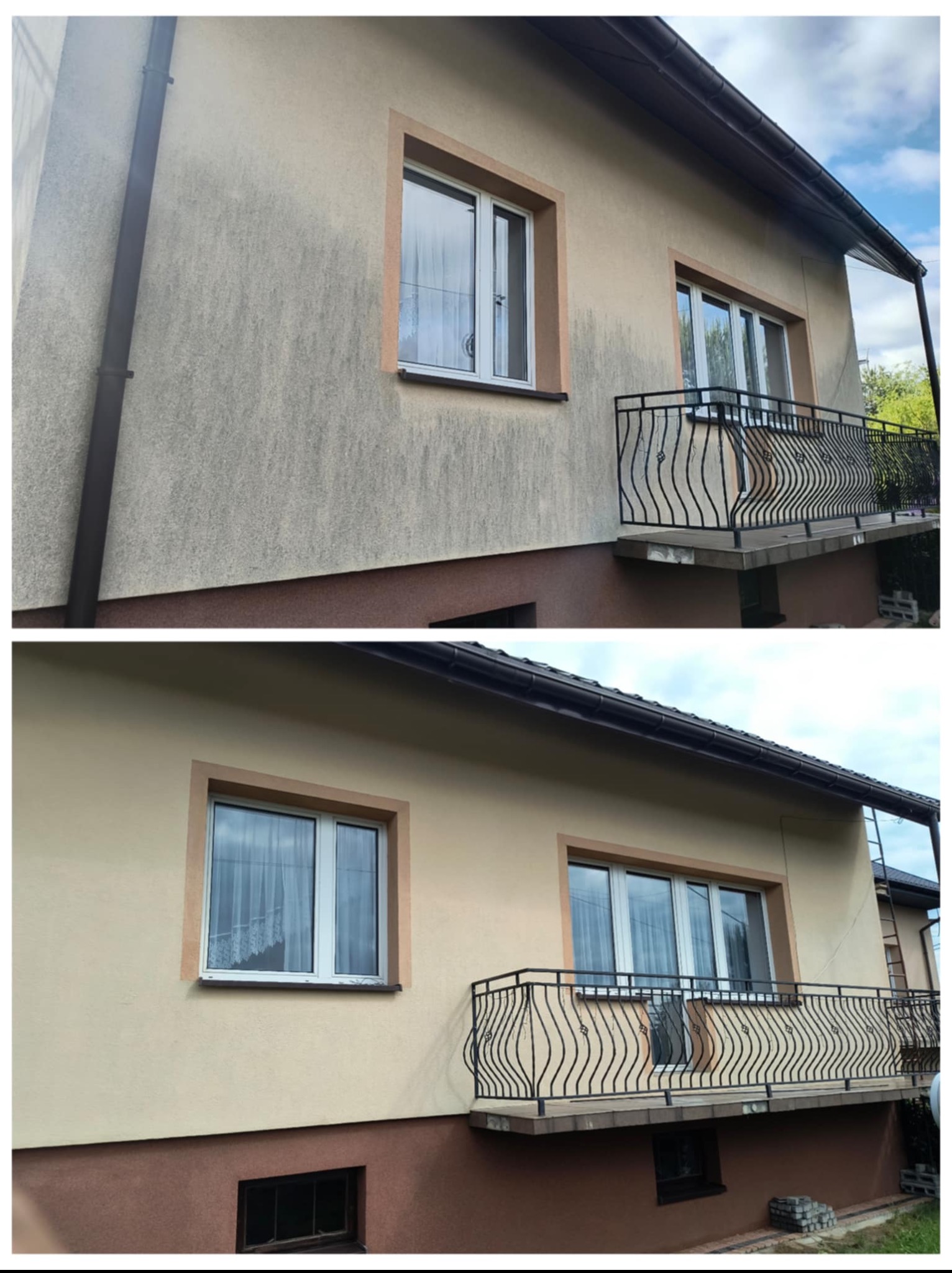 Zdjęcie elewacji domu przed i po czyszczeniu. Górna część brudna, dolna czysta, ukazująca różnicę w kolorze i usunięte zabrudzenia. Widoczny balkon z ozdobną balustradą.