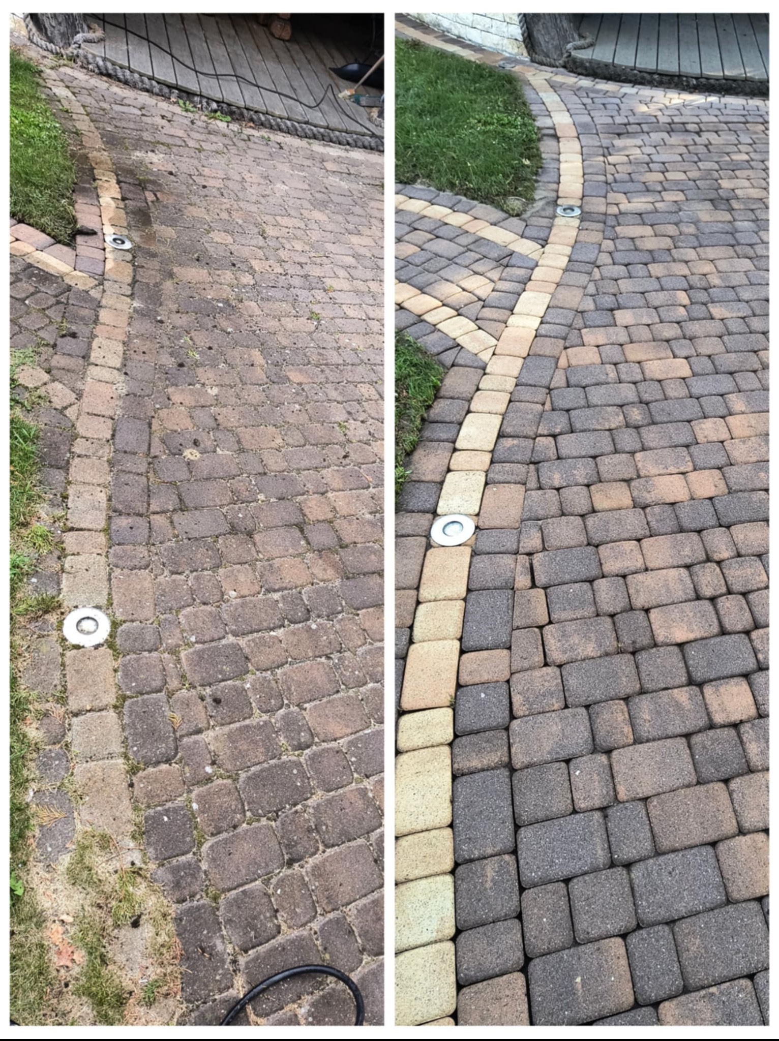 Porównanie kostki brukowej przed i po myciu ciśnieniowym, z widoczną różnicą w czystości i odcieniach kolorów. Oświetlenie wbudowane w kostkę.
