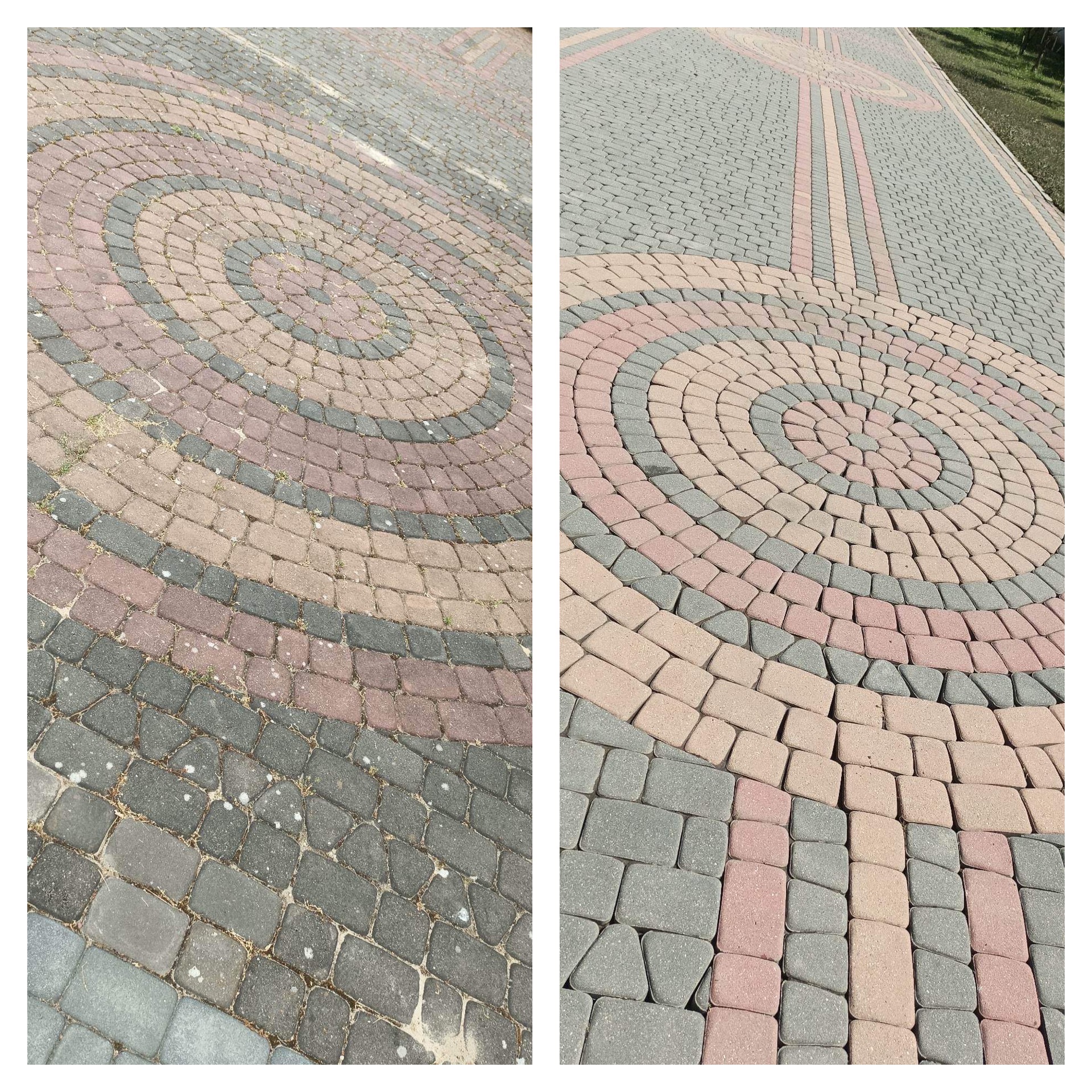 Porównanie kostki brukowej przed i po czyszczeniu. Po lewej stronie zabrudzona, po prawej odświeżona, ukazująca wzór z szaro-różowych elementów.