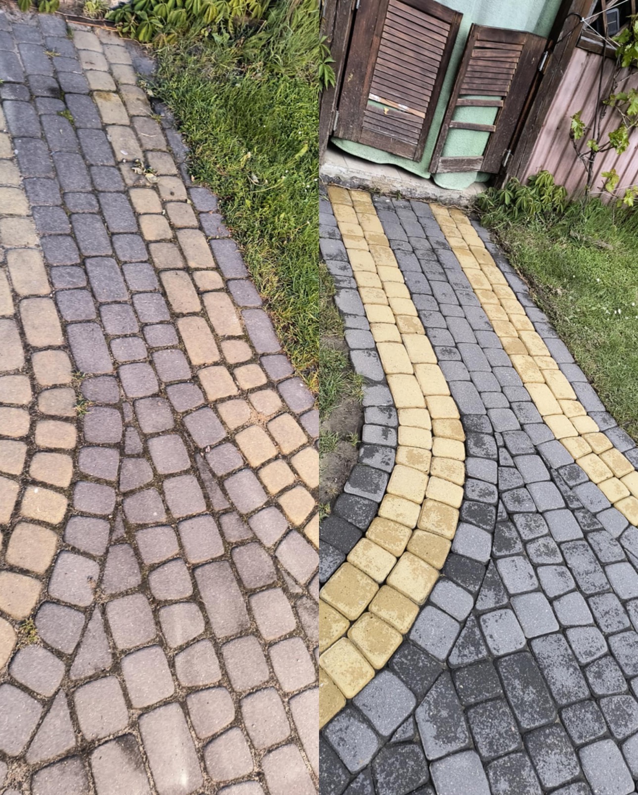 Porównanie: wyczyszczona, mokra kostka brukowa w odcieniach szarości i żółci, kontrastująca z zabrudzoną, suchą częścią nawierzchni. Widoczne trawa i drewniane elementy.