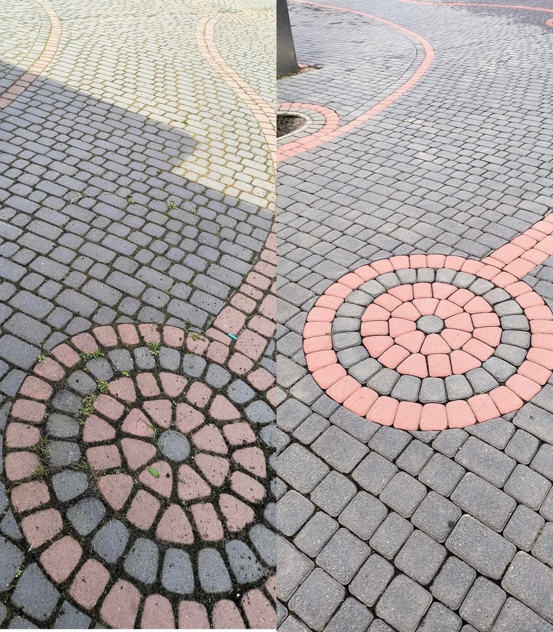 Kostka brukowa po czyszczeniu: wzór z szarej i różowej kostki, widoczna różnica w czystości między lewą a prawą stroną, brak porostów i zabrudzeń.