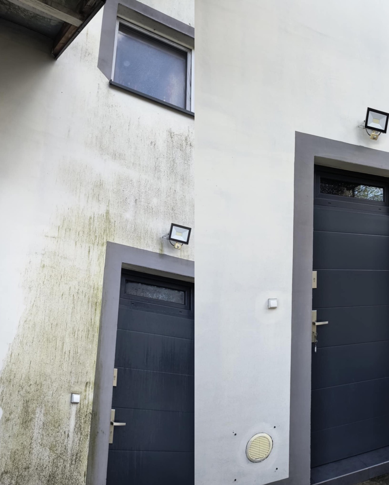 Zdjęcie elewacji domu przed i po umyciu. Po lewej stronie brudna, zielona ściana, po prawej czysta, biała. Widoczna brama garażowa i okno.