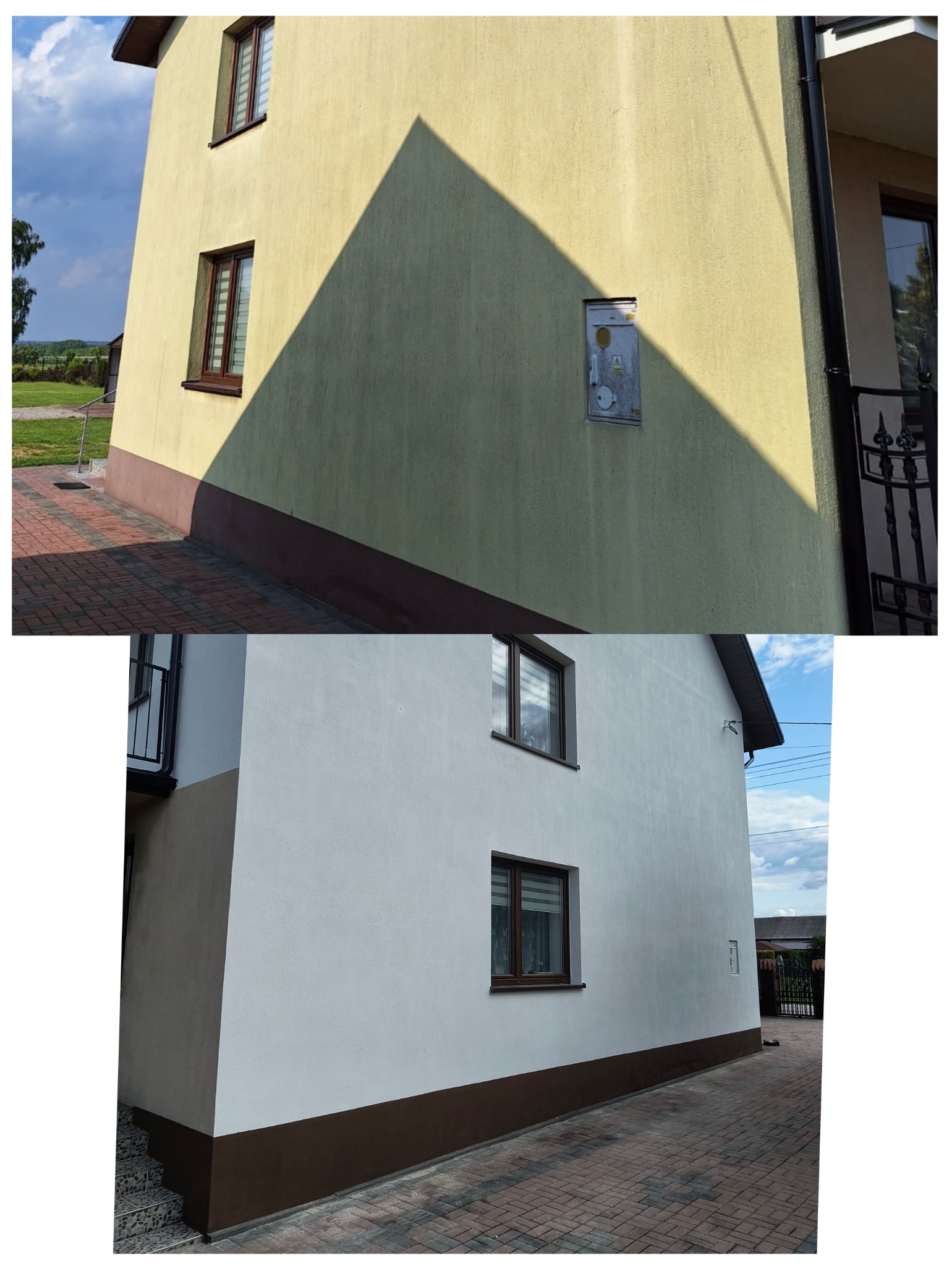 Elewacja domu przed i po czyszczeniu: odcień żółty z wyraźnym cieniem do czystej, białej ściany z brązowym cokołem. Widoczna kostka brukowa i okna.