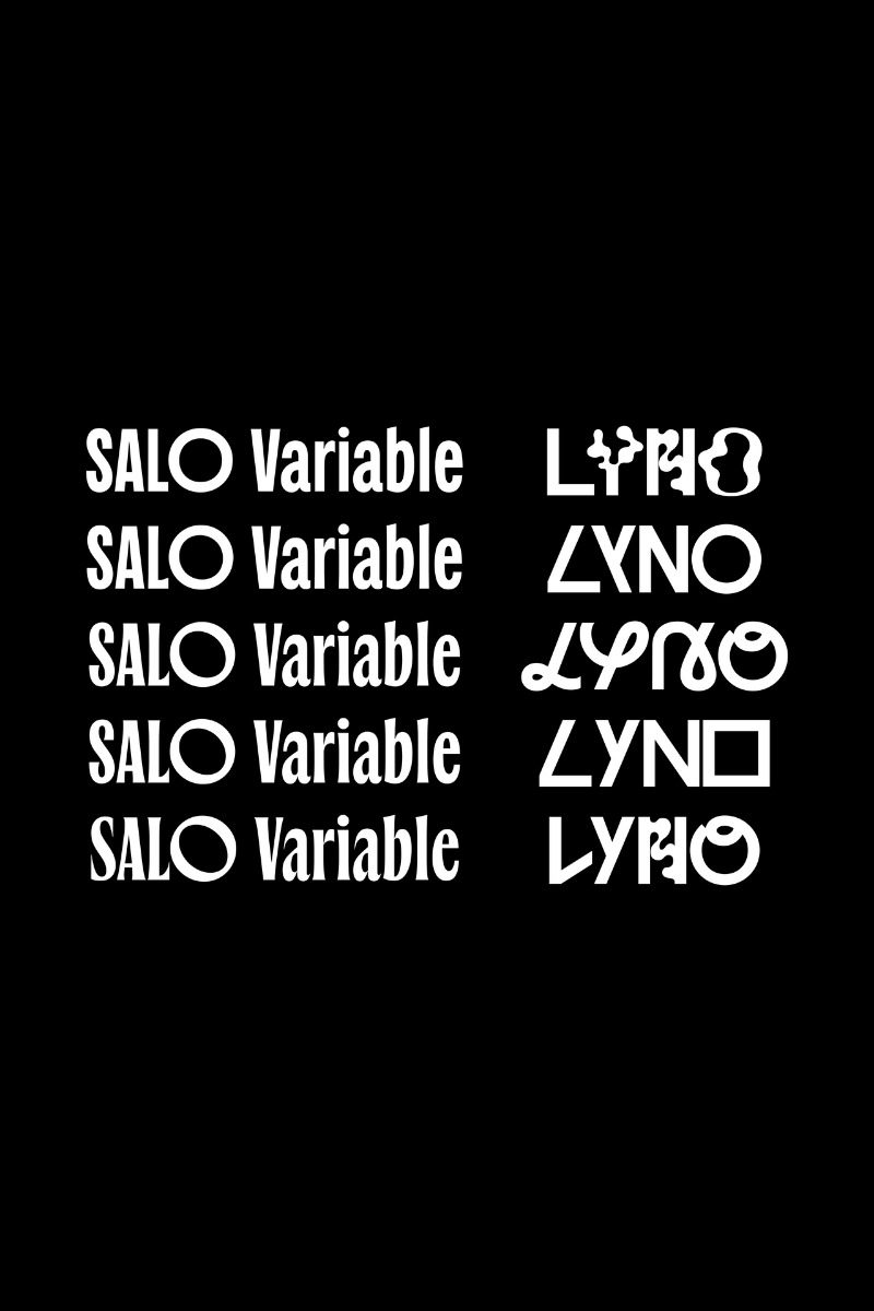 Ilustracja prezentująca różne warianty typograficzne nazw 'SALO Variable' i 'LYNO' w kolorze białym na czarnym tle, demonstrując zmienność i styl czcionki.