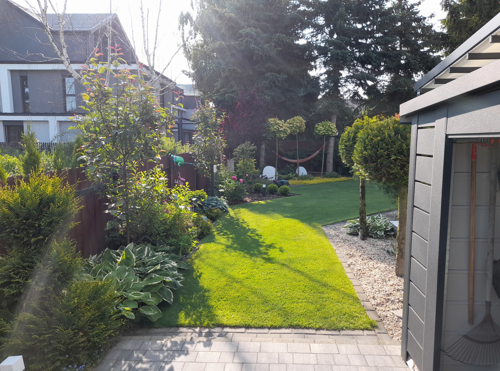 Zadbany ogród z równo przystrzyżonym trawnikiem, ozdobnymi krzewami, drzewami formowanymi i hamakiem w tle, widziany z perspektywy ścieżki z kostki brukowej.