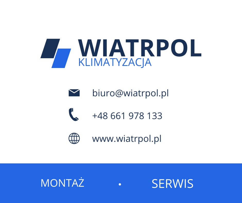 Grafika z logo firmy Wiatropol Klimatyzacja, prezentująca adres e-mail, numer telefonu i adres strony internetowej oraz informację o montażu i serwisie.