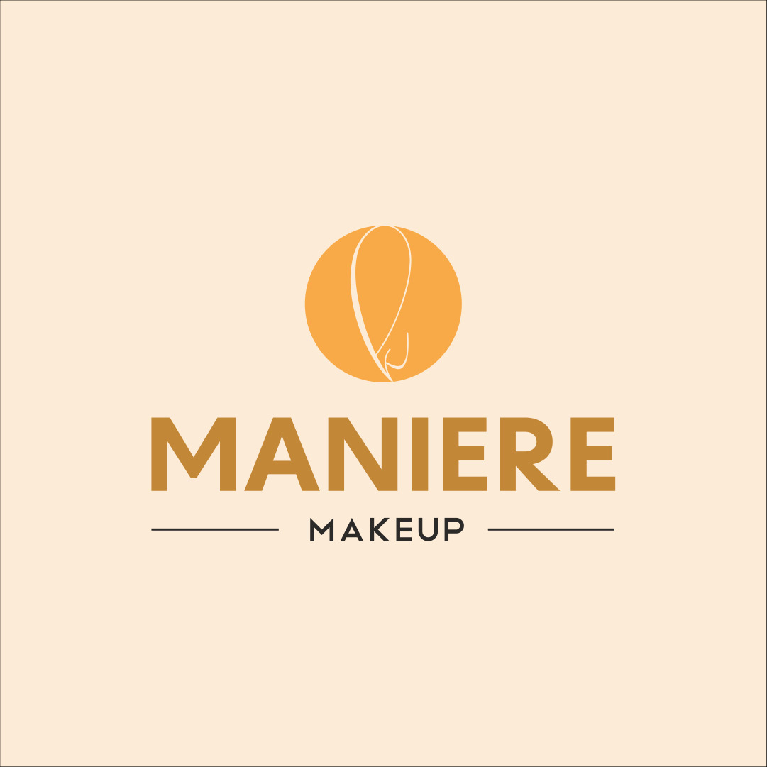 Minimalistyczne logo 'Maniere Makeup' na beżowym tle. Złota kula z abstrakcyjnym symbolem, elegancki font nazwy i hasło 'Makeup' z poziomymi liniami po bokach.