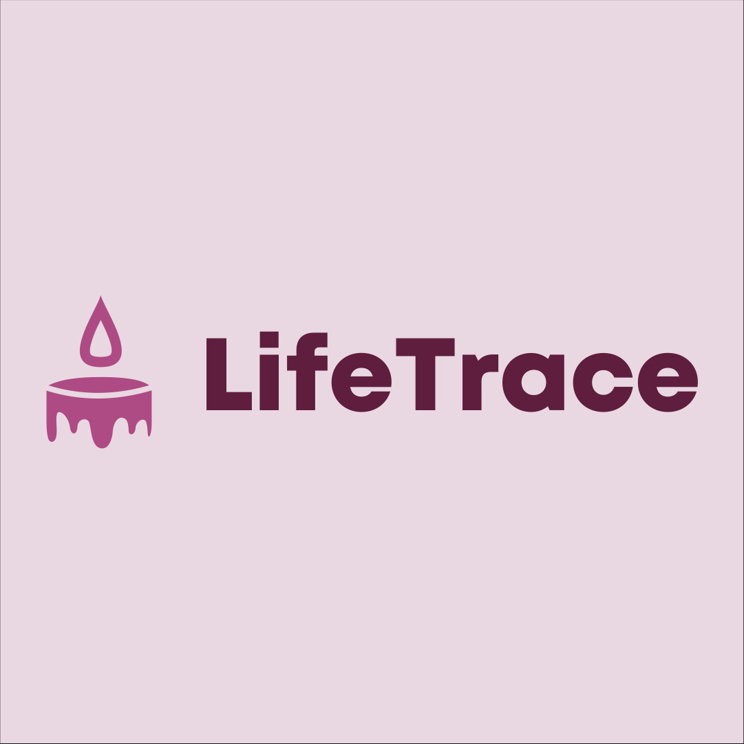 Logo 'LifeTrace' z symbolem świecy z kroplą, w odcieniach fioletu na jasnoróżowym tle. Minimalistyczny, nowoczesny design.