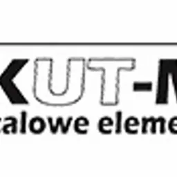 Logo firmy KUT-MET z charakterystycznym symbolem graficznym i napisem 'Stalowe elementy kute' na białym tle. Ciemna kolorystyka.