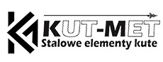 Logo firmy KUT-MET z charakterystycznym symbolem graficznym i napisem 'Stalowe elementy kute' na białym tle. Ciemna kolorystyka.