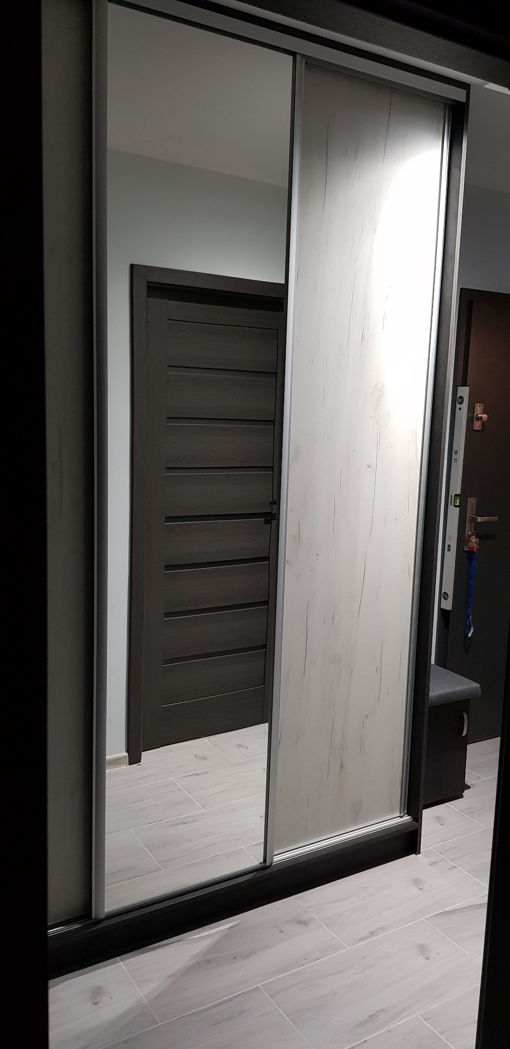 Nowoczesna szafa wnękowa z lustrzanym frontem, odbijająca wnętrze pokoju z drewnianymi drzwiami i fragmentem siedziska. Minimalistyczny design, szara kolorystyka.