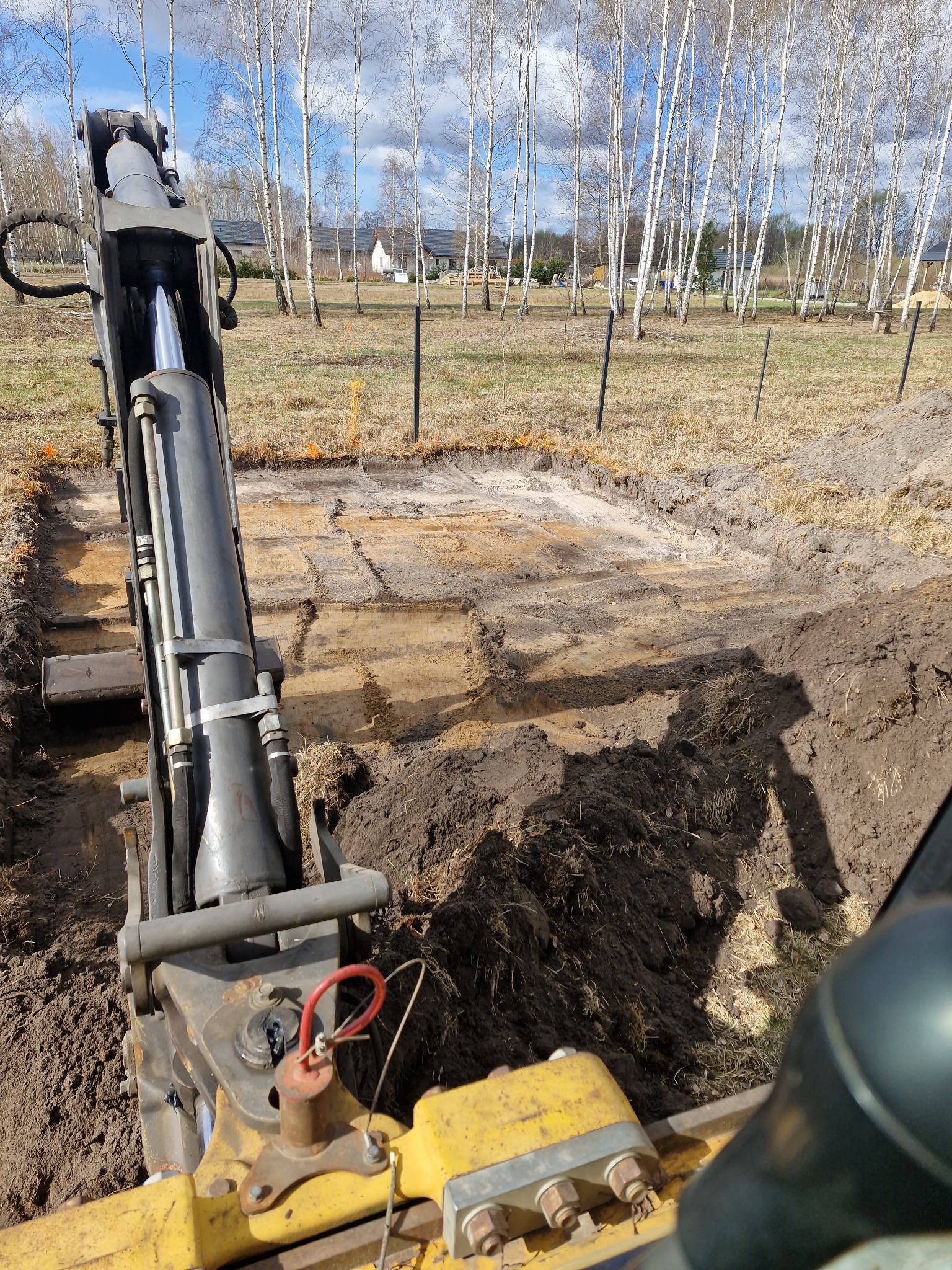 Żółta koparka w trakcie wykopu pod fundamenty na działce z młodymi brzozami. Ziemia odsłonięta, widoczne ślady pracy maszyny.