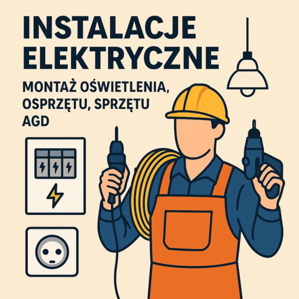 Grafika: Instalacje elektryczne, montaż oświetlenia, osprzętu, sprzętu AGD. Elektryk w kasku z wiertarkami, obok schemat instalacji i gniazdko.