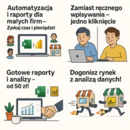 Ilustracja: Automatyzacja i raporty dla firm, gotowe analizy od 50 zł, zastąpienie ręcznego wpisywania jednym kliknięciem, dogonienie rynku z analizą danych.