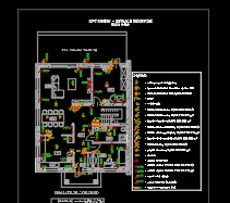 Schemat instalacji elektrycznej mieszkania z oznaczeniami punktów świetlnych i gniazd, widok z góry, czarne tło, białe linie, kolorowe znaczniki.