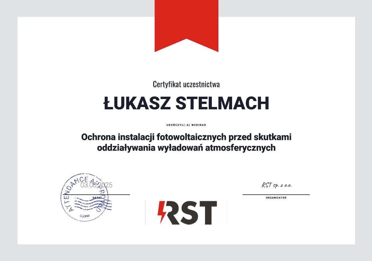 Certyfikat uczestnictwa Łukasza Stelmacha w webinarze o ochronie instalacji fotowoltaicznych przed wyładowaniami atmosferycznymi, wydany przez RST sp. z o.o.