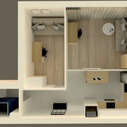 Inspire Design Agata Miroń - Rzut z góry na aranżację małego mieszkania: salon z sofą i biurkiem, kuchnia z wyposażeniem, łazienka z prysznicem. Jasne drewno, biel i szarości dominują w projekcie.