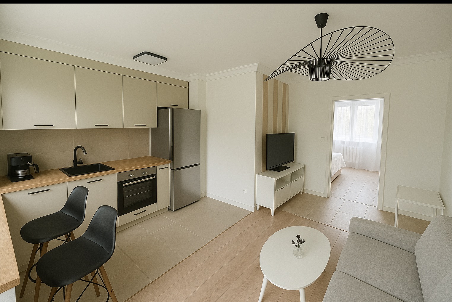 Jasne, nowoczesne wnętrze: kuchnia z barkiem, salon z sofą i TV, sypialnia w tle. Minimalistyczny design, neutralna kolorystyka, designerska lampa.