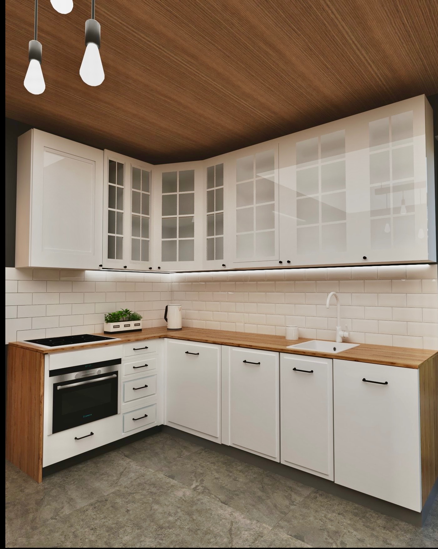 Wizualizacja kuchni z białymi szafkami, drewnianym blatem i podsufitką. Nad blatem rząd przeszklonych szafek. Minimalistyczne lampy wiszące.